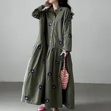 秋季ヴィンテージスタイルの刺繍デザインワンピース【衿付き・ゆったり長袖・花柄】