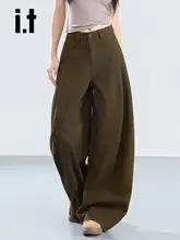 レトロブラウンデザインのデニムパンツ【夏用・ワイドレッグ・カジュアル通勤】