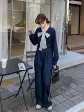 おしゃれなデザイン！デニム生地リボン付きブラウス＆ワイドパンツ（セットアップ対応）