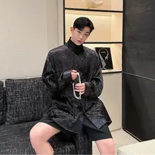 シャツ メンズ チャイナテイスト クレープ加工 スタンドカラー チャイナボタン シルバー