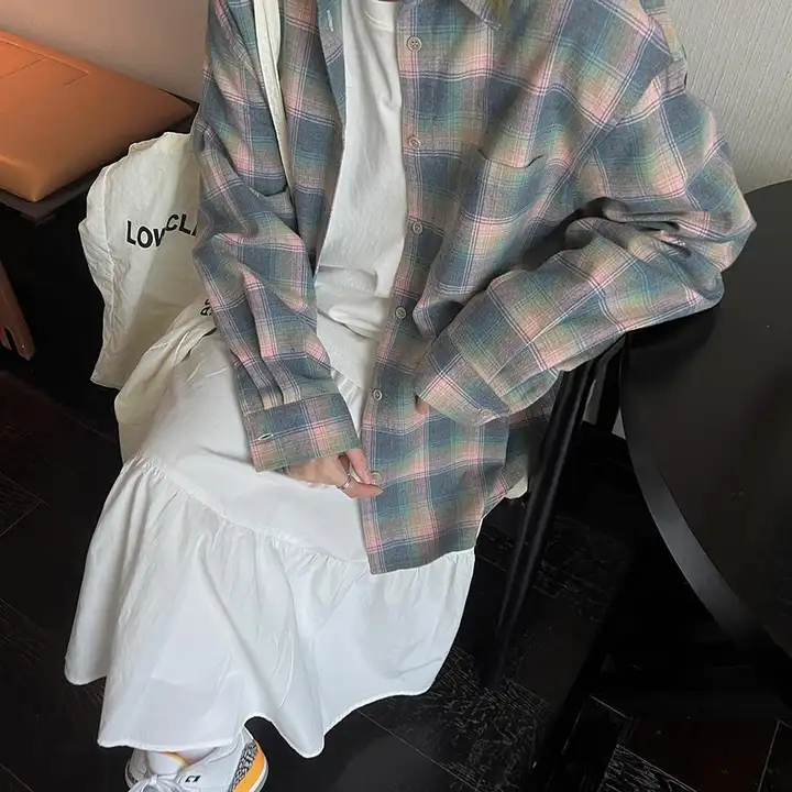 秋冬用 長袖チェックシャツ【フィット・モダンデザイン・粉色】