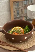 レトロなブラウンドットの両耳ボウル【粗陶製・デザート・フルーツ・サラダ・スープ用・贈り物にも】