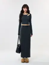 冬季用 グレー ロングスリムウールニットスカート【ボディコンタイプ】