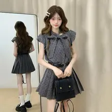 夏用アカデミックスタイルのグレー水玉ワンピース【ウエストリボン付き・プリーツスカート】