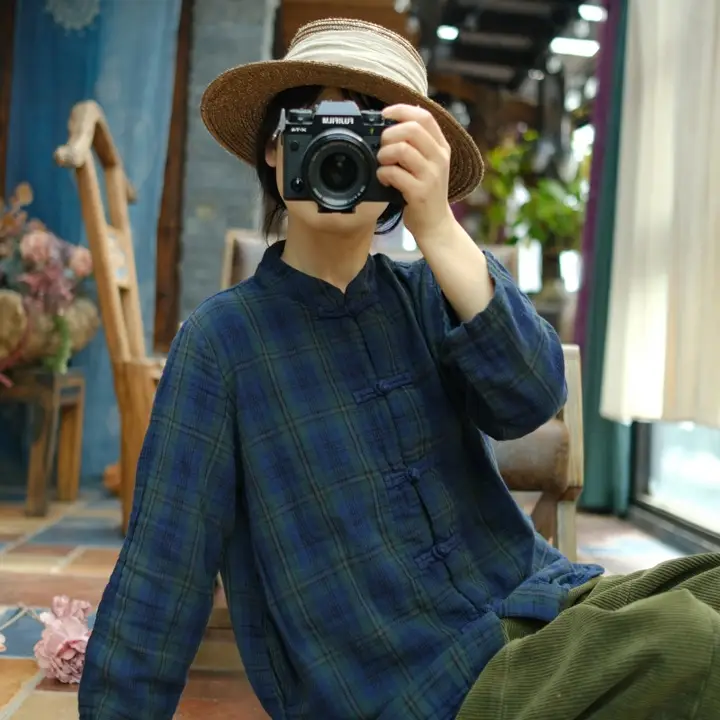 全棉製の復古風中式立襟シャツ【長袖・ボタンデザイン・グリーンチェック】