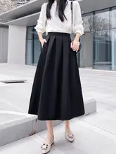 高腰のAライン黒フレアスカート【白いプリーツ・秋冬用・中長丈】（セットアップ対応）