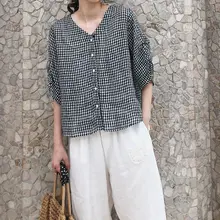 Vネックの大きいサイズ レディース リネン混チェックカーディガン【ゆったりシルエット・春夏用】