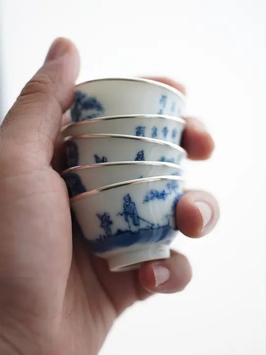 清物堂 柴窯の青花手描き 磁器ティーカップ【小容量・シルバーフィニッシュ・25cc】