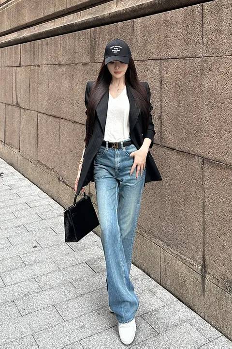 高腰ストレートデニムパンツ【ゆったりフィット・カジュアル・レトロデザイン】