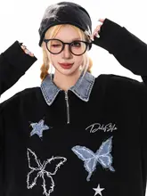 スウェット ポロシャツ ユニセックス 蝶刺繍 ルーズ アメリカン風 ストリート インスタ映え 春 秋 「BOEAX」