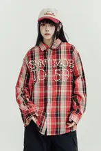 春季のカジュアルな異素材ミックスシャツ【ユニセックス・パールチェック・ゆったりデザイン】