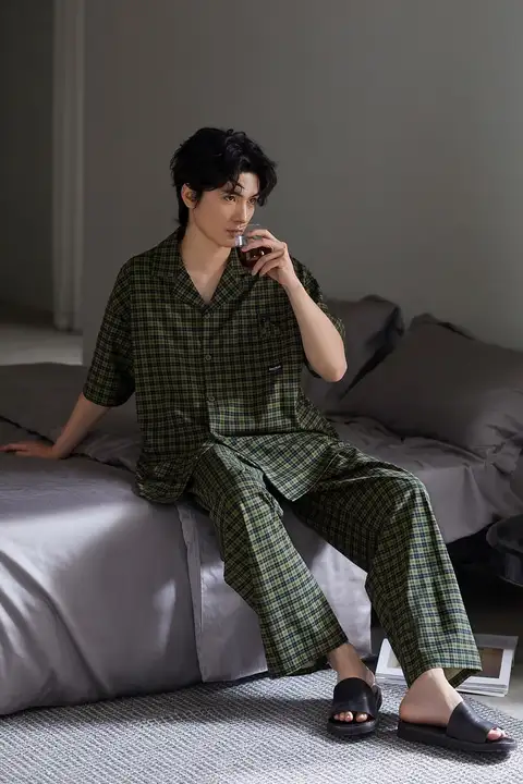 夏用 メンズルームウェア【薄手・半袖・長パンツ・純綿・リトロチェック柄・カーディガン風・外出可能】（セットアップ対応）