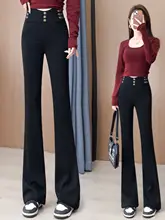 高腰ストレッチデニムフレアパンツ【ブラック・ミニベルボトム・スリムフィット】