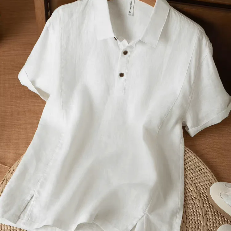 リネン製 POLOカラー 半袖Tシャツ【メンズ・通気性・軽量・シンプルデザイン】