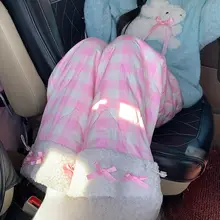 可愛いデザインの保温性抜群な高腰チェック柄コットンパンツ【ピンク・ゆったりシルエット・秋冬用】