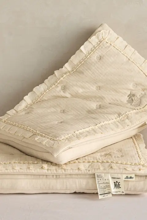 二重構造の取り外し可能なフリル付き綿麻シルク枕【大人用・白鹅绒使用・極上の柔らかさ】（セットアップ対応）