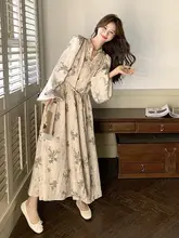 水墨画風プリント ワンピース【ロング丈・ランタンスリーブ・リゾートスタイル】