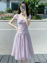 夏用小柄向け 紫色フレンチカラーのトップスとロングスカート【独特で美しいデザイン・カジュアル】（セットアップ対応）