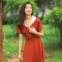 ヴィンテージ風ツイストデザインのレディスワンピース【ウエストシェイプ・バブリーネック・夏用・レッド】