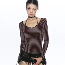 ストライプデザインのリボン付き長袖Tシャツ【春秋用・女性・極上の柔らかさ】