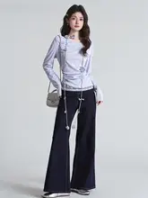 デザイン性のあるレース襟長袖Tシャツ【秋用・フレンチスタイル・飾りリボン付き】