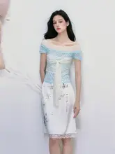 一字肩デザインのレースチェック短袖トップス【バンド付き・メッシュ素材】