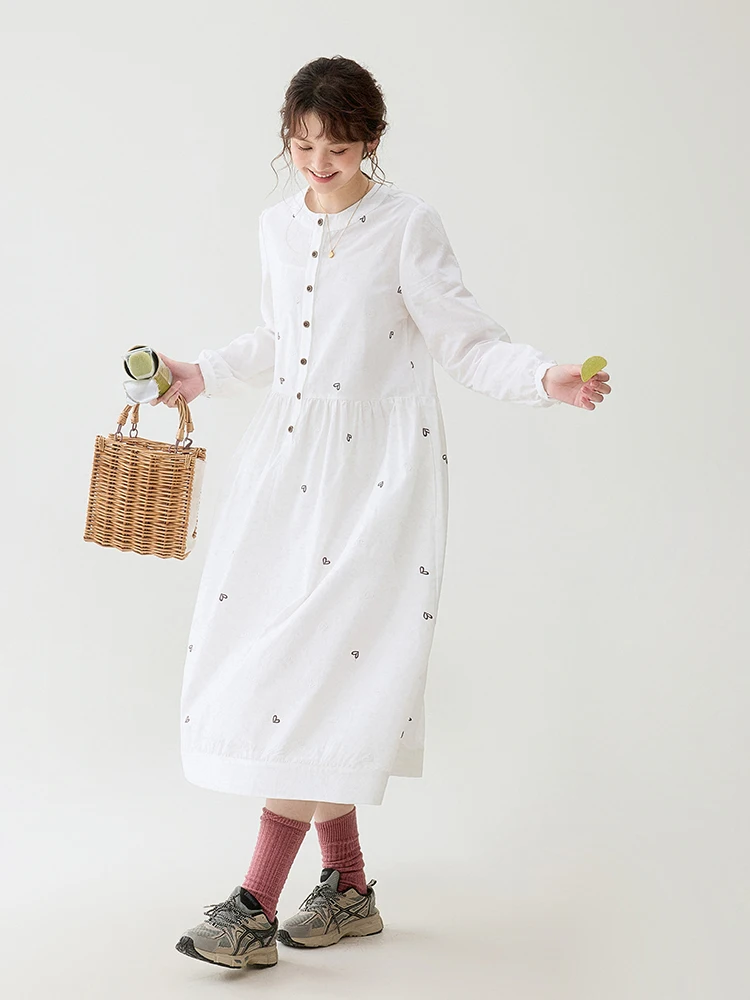 愛情刺繍入りのコットンシャツワンピース【春用・フレンチスタイル・柔らかい素材】