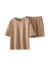 夏用 ゆったりとしたデザインの女性用ショートスリーブTシャツとウエストゴムのショートパンツ【動きやすいカジュアルスタイル】（セットアップ対応）