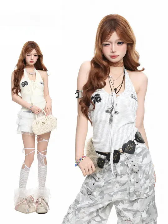 ストライプデザインのフリンジキャミソール【夏用・フィット感・女性用・ネックストラップ】