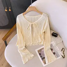 リボン付きレースデザインの長袖カーディガン【ニット・日焼け防止・ショート丈】（セットアップ対応）