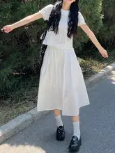 白色ワークスタイルのハイウエストジャンパースカート【フレンチテイスト・女性用・ミディ丈】