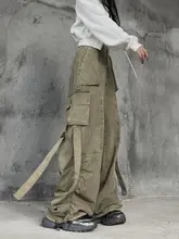ゆったりとしたシルエットのヒップホップ・工装パンツ【グリーン・女性用・束脚デザイン】