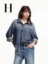デニムシャツ レディース 長袖 胸ポケット ウォッシュ加工 ルーズ おしゃれ 秋「SEASONHIGH」