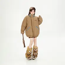 チェック柄パネルデザインの中長丈立襟コットンコート【レディース・オーバーサイズ・冬用・厚手】