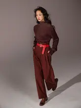 中華風赤色 羊毛ニットトップス【ストレートショルダー・ウエストベルト付き】とロングパンツ（セットアップ対応）