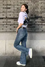 デニムストレートパンツ【深青・ウエスト部分スリムフィット・女性用・ウォッシュ加工】