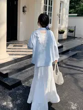 シャツジャケット レディース ブルー レース パッチワーク バックオープン 着痩せ 秋