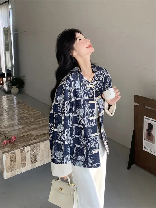新中式デザインの花柄盤ボタンコート【春秋用・エレガントな上品さ】