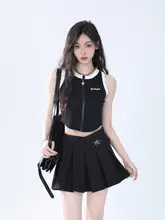 美式ハイストリートスタイル ブラウンジッパータンクトップ【ショート丈・デザイン性あり】