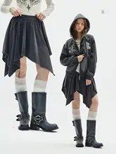 デザイン性のある不規則な半身スカートとフード付き黒パーカーのカジュアルパンツ【春  秋用】（セットアップ対応）