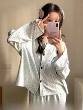 可愛い花柄ラウンドネックコットン長袖パジャマ【秋用・女性・ルームウェア】（セットアップ対応）