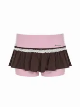 ピンクのカラーコンビネーション使用の低腰スカートパンツ【セクシーでキュートなデザイン・ショート丈】（セットアップ対応）