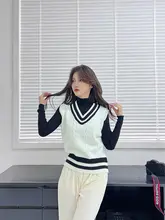 デザイン性のあるVネックニットベスト【秋冬用・ゆったりシルエット・バイカラー】（セットアップ対応）