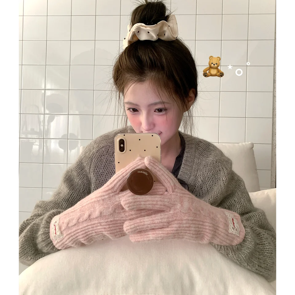 タッチスクリーン対応 厚手保温手袋【冬用・女性用・指分けタイプ・ブルー】