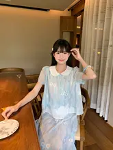 活発なデザインのブルー刺繍ブラウスとスカート【新中式国風・夏用・ファッション】（セットアップ対応）