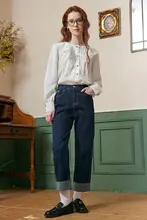 深い青のデニムパンツ【秋用・ゆったりしたストレート・カジュアル・通勤用】（セットアップ対応）