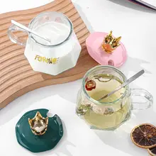 高級ガラス製カフェカップ【フタとスプーン付き・個性的・オフィス用】