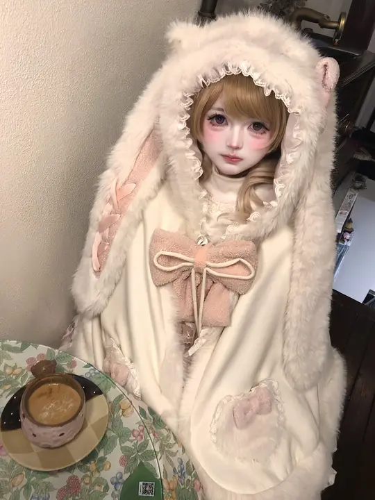 可愛らしい刺繍付き フード付きウサギ耳ケープコート【ロリータスタイル・云端绒ウサギ】