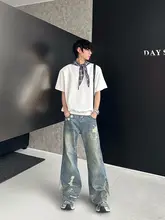 デザイン性が高いカジュアルなカラー切替ジーンズ【ダメージ加工・ワイドストレートパンツ】