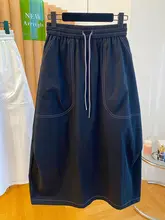 ブラックステッチデザインのワークスタイル半身スカート【ゆったりハイウエスト・膝下丈】